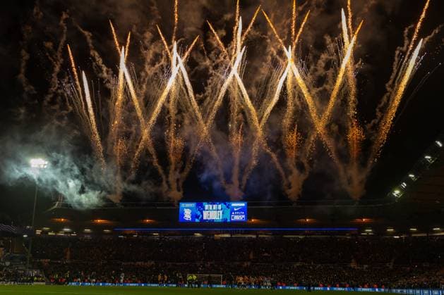 Fire works as Birmingham celebrates their win during the EFL Trophy semi-final match between Birmingham City and Bradford City at St Andrews, Birmingham, England on 18 February 2025.  Copyright: xThomasxGaddx PMI-6727-0011