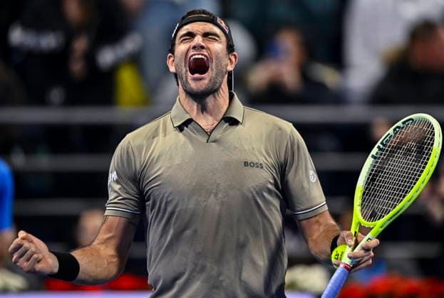 ATP, Tennis Herren QATAR EXXONMOBIL OPEN ROUND OF 32 Matteo Berrettini of Italy celebrates after winning the round of 32 match against Novak Djokovic of Serbia during the ATP Qatar ExxonMobil Open 2025 tennis tournament at the Khalifa International Tennis Complex in Doha, Qatar, on February 18, 2025. DOHA Qatar Copyright: xNOUSHADx