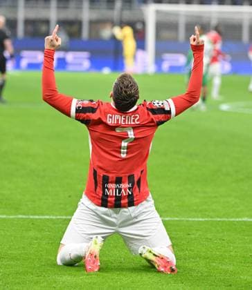 (250219) -- MILAN, Feb. 19, 2025 -- AC Milan s Santiago Gimenez celebrates his goal during the UEFA Champions League knockout phase play-off second leg football match between AC Milan and Feyenoord in Milan, Italy, Feb. 18, 2025. (Photo by Xinhua) (SP)ITALY-MILAN-FOOTBALL-UEFA CHAMPIONS LEAGUE-AC MILAN VS FEYENOORD AlbertoxLingria 