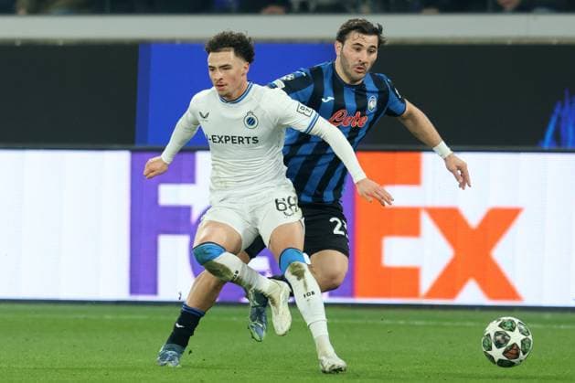 CHEMSDINE TALBI, Brugge, SEAD KOLASINAC, Atalanta, Champions League, 2024-25, Atalanta vs Bruges 1-3, 18-02-2025, Contrasto, Action CHAMPIONS LEAGUE 2024-25 ATALANTA-BRUGGE 1-3