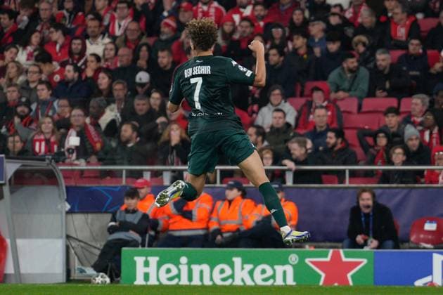 SL Benfica Vs AS Monaco FC in Lisbon, Portugal - 18 Feb 2025 Eliesse Ben Seghir of AS Monaco FC celebrates a goal during the UEFA Champions League 2024 25 Knockout phase play-offs 2nd leg between SL Benfica and AS Monaco FC at Estadio da Luz. Final score: SL Benfica 3:3 AS Monaco FC Lisbon Portugal Copyright: xBrunoxdexCarvalhox xSOPAxImagesx brunodecarvalho_benficamonaco-750