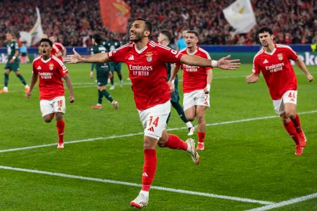 February 18, 2025, Lisbon, Portugal: Vangelis Pavlidis (C) of SL Benfica seen celebrating a goal during the UEFA Champions League play off match between SL Benfica and AS Monaco at Estadio da Luz Stadium. Lisbon Portugal - ZUMAs197 20250218_aaa_s197_176 Copyright: xHugoxAmaralx