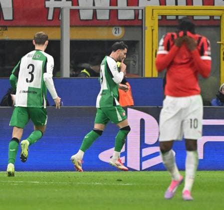 (250219) -- MILAN, Feb. 19, 2025 -- Feyenoord s Julian Carranza (C) celebrates his goal during the UEFA Champions League knockout phase play-off second leg football match between AC Milan and Feyenoord in Milan, Italy, Feb. 18, 2025. (Photo by Xinhua) (SP)ITALY-MILAN-FOOTBALL-UEFA CHAMPIONS LEAGUE-AC MILAN VS FEYENOORD AlbertoxLingria 