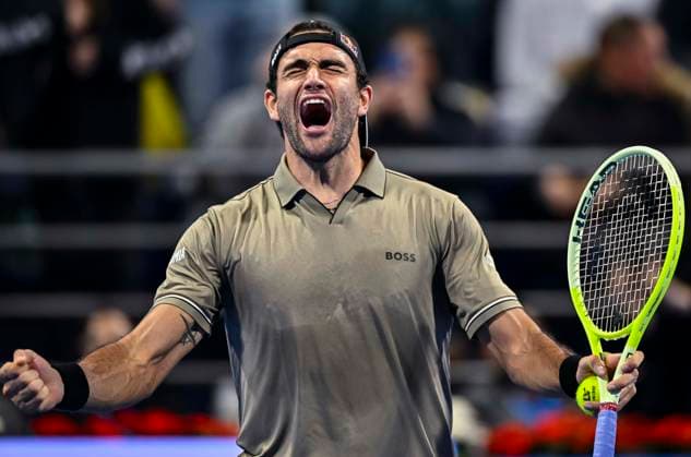 (250219) -- DOHA, Feb. 19, 2025 -- Matteo Berrettini of Italy celebrates after winning the men s singles round 32 match between Matteo Berrettini of Italy and Novak Djokovic of Serbia at the ATP, Tennis Herren Qatar Open tennis tournament in Doha, Qatar, on Feb. 18, 2025. (Photo by Xinhua) (SP)QATAR-DOHA-TENNIS-ATP QATAR OPEN 2025-MEN S SINGLES Nikku 