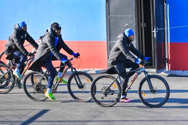 Plzen players ride by bikes to a training session within a media programme prior to the UEFA Europa League, 2nd round match: FC Viktoria Plzen vs Ferencvaros Budapest, in Pilsen, Czech Republic, on February 19, 2025. (CTKxPhoto MiroslavxChaloupka) CTKPhotoP2025021905439  CTKPhotoP2025021905439