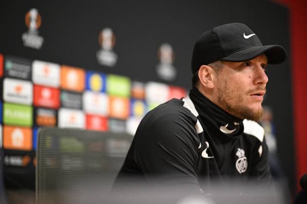 Union s head coach Sebastien Pocognoli pictured during a press conference, PK, Pressekonferenz of Belgian soccer team Royale Union Saint-Gilloise, on in Amsterdam, the Netherlands. Tomorrow the team is playing against Dutch AFC Ajax, in the return leg of the Knockout phase play-offs of the UEFA Europa League competition. JASPERxJACOBS  x112776219x