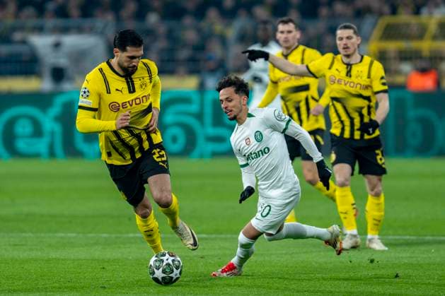 19.02.2025, Borussia Dortmund vs. Sporting Lissabon, UEFA Champions League, Playoff-Rückspiel Dortmunds Emre Can (l) und Lissabons Biel kämpfen um den Ball. Wichtiger Hinweis: Gemaess den Vorgaben der UEFA ist es untersagt, in dem Stadion und oder vom Spiel angefertigte Fotoaufnahmen in Form von Sequenzbildern und oder videoaehnlichen Fotostrecken zu verwerten bzw. verwerten zu lassen. Copyright: xBahhoxKarax