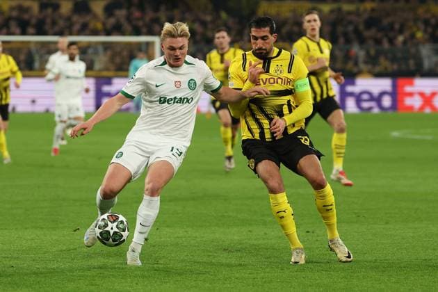 Dortmund on February 19, 2025 Uefa Champions League Knockout phase play-offs, 2st leg Borussia Dortmund - Sporting Clube de Portugal v.l., Conrad Harder (Sporting Clube de Portugal), Emre Can (Borussia Dortmund), Zweikampf, Action, Aktion, Battles for the Ball Copyright: JoaquimxFerreira