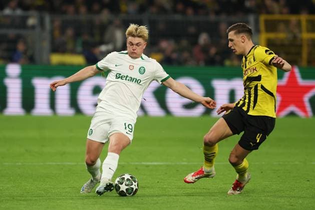Dortmund on February 19, 2025 Uefa Champions League Knockout phase play-offs, 2st leg Borussia Dortmund - Sporting Clube de Portugal v.l., Conrad Harder (Sporting Clube de Portugal), Nico Schlotterbeck (Borussia Dortmund) Zweikampf, Action, Aktion, Battles for the Ball Copyright: JoaquimxFerreira