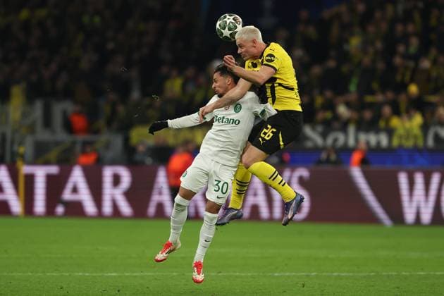 Dortmund on February 19, 2025 Uefa Champions League Knockout phase play-offs, 2st leg Borussia Dortmund - Sporting Clube de Portugal v.l., Gabriel Teixeira (Sporting Clube de Portugal), Julian Ryerson (Borussia Dortmund), Kopfball, Kopfballduell Copyright: JoaquimxFerreira