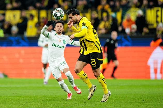 UEFA Champions League: Borussia Dortmund - Sporting Clube de Portugal Lissabon; 19.02.2025 Gabriel Teixeira (Sporting Clube de Portugal Lissabon, 30), Kopfball Emre Can (Borussia Dortmund, 23) UEFA Champions League: Borussia Dortmund - Sporting Clube de Portugal Lissabon, Dortmund, SIGNAL IDUNA PARK am 19.02.2025 Copyright: xBEAUTIFULxSPORTS Wunderlx