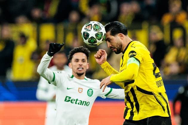 UEFA Champions League: Borussia Dortmund - Sporting Clube de Portugal Lissabon; 19.02.2025 Gabriel Teixeira (Sporting Clube de Portugal Lissabon, 30), Kopfball Emre Can (Borussia Dortmund, 23) UEFA Champions League: Borussia Dortmund - Sporting Clube de Portugal Lissabon, Dortmund, SIGNAL IDUNA PARK am 19.02.2025 Copyright: xBEAUTIFULxSPORTS Wunderlx