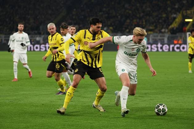 Dortmund on February 19, 2025 Uefa Champions League Knockout phase play-offs, 2st leg Borussia Dortmund - Sporting Clube de Portugal v.l., Emre Can (Borussia Dortmund), Conrad Harder (Sporting Clube de Portugal), Zweikampf, Action, Aktion, Battles for the Ball Copyright: JoaquimxFerreira