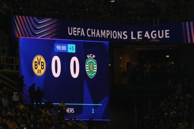 Dortmund on February 19, 2025 Uefa Champions League Knockout phase play-offs, 2st leg Borussia Dortmund - Sporting Clube de Portugal v.l., Anzeigetafel 0:0 Copyright: JoaquimxFerreira