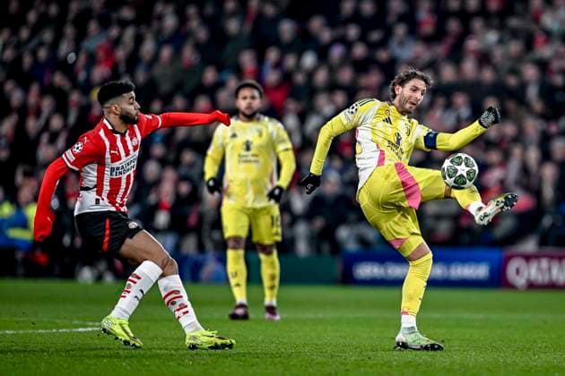 PSV midfielder Ismael Saibari, Juventus midfielder Manuel Locatelli, during the match PSV - Juventus at the Philips stadium for the UEFA Champions League - Knockout phase play-offs - 2nd leg season 2024-2025 in EINDHOVEN, Netherlands on 19 february 2025, (photo by Stefan Koops EYE4images DeFodi Images)