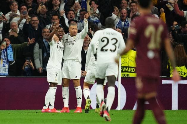 ESP: Real Madrid v Manchester City. UEFA Champions League match. Play off round Kylian Mbappe of Real Madrid celebrates the 1-0 during the UEFA Champions League match, play off round, second leg, between Real Madrid and Manchester City played at Santiago Bernabeu Stadium on Feb 19, 2025 in Madrid Spain. kpng Copyright: xBaguxBlancox xPRESSINPHOTOx PS_250219_RMA_MCI_012
