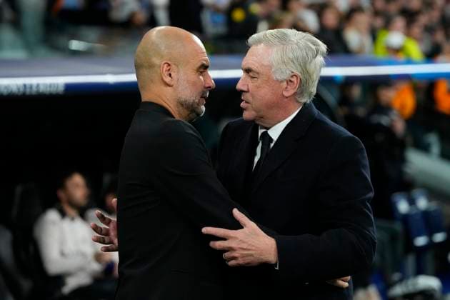 Sport Bilder des Tages Real Madrid C.F. v Manchester City - UEFA Champions League 2024 25 League Knockout Play-off Second Leg Pep Guardiola head coach of Manchester City and Spain and Carlo Ancelotti head coach of Real Madrid during the UEFA Champions League 2024 25 League Knockout Play-off second leg match between Real Madrid C.F. and Manchester City at on February 19, 2025 in Madrid, Spain. Madrid Spain  Copyright: xJosexBretonx originalFilename:bretonhernandez-realmadr250219_npT77.jpg