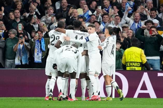 February 19, 2025, Madrid, Madrid, SPAIN: Kylian Mbappe of Real Madrid celebrates a goal during the UEFA Champions League 2024 25 League Knockout Play-off second leg match between Real Madrid CF and Manchester City, at Santiago Bernabeu stadium on February 19, 2025, in Madrid, Spain. Madrid SPAIN - ZUMAa181 20250219_zaa_a181_027 Copyright: xOscarxJ.xBarrosox