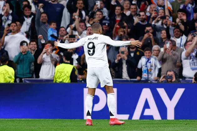 February 19, 2025, Madrid, Madrid, SPAIN: Kylian Mbappe of Real Madrid celebrates a goal during the UEFA Champions League 2024 25 League Knockout Play-off second leg match between Real Madrid CF and Manchester City, at Santiago Bernabeu stadium on February 19, 2025, in Madrid, Spain. Madrid SPAIN - ZUMAa181 20250219_zaa_a181_040 Copyright: xDennisxAgyemanx