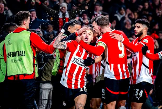 PSV Eindhoven forwarder Ivan Perisic scores the 1-0 and celebrating the goal during the match PSV - Juventus at the Philips stadium for the UEFA Champions League - Knockout phase play-offs - 2nd leg season 2024-2025 in EINDHOVEN, Netherlands on 19 february 2025, (photo by Marcel van Dorst EYE4images DeFodi Images)