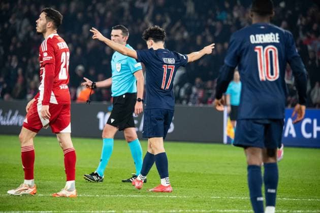 FOOTBALL : Paris SG vs Stade Brestois - Ligue des Champions - Barrage Retour - 19 02 2025 Joie des joueurs du Paris SG aprÃ s le but de Vitinha (Paris SG) ParisFrance  Copyright: xBaptistexAutissierx