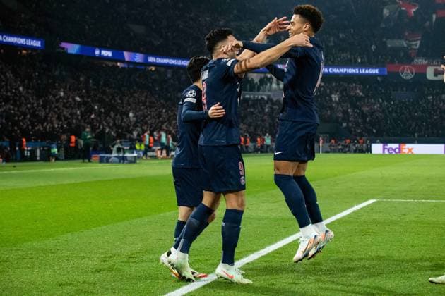 FOOTBALL : Paris SG vs Stade Brestois - Ligue des Champions - Barrage Retour - 19 02 2025 Joie des joueurs du Paris SG aprÃ s le but de Desire Doue (Paris SG) ParisFrance  Copyright: xBaptistexAutissierx