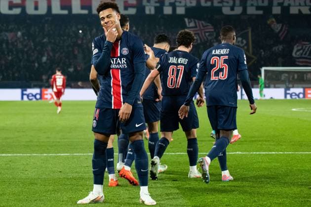 FOOTBALL : Paris SG vs Stade Brestois - Ligue des Champions - Barrage Retour - 19 02 2025 Joie des joueurs du Paris SG aprÃ s le but de Desire Doue (Paris SG) ParisFrance  Copyright: xBaptistexAutissierx