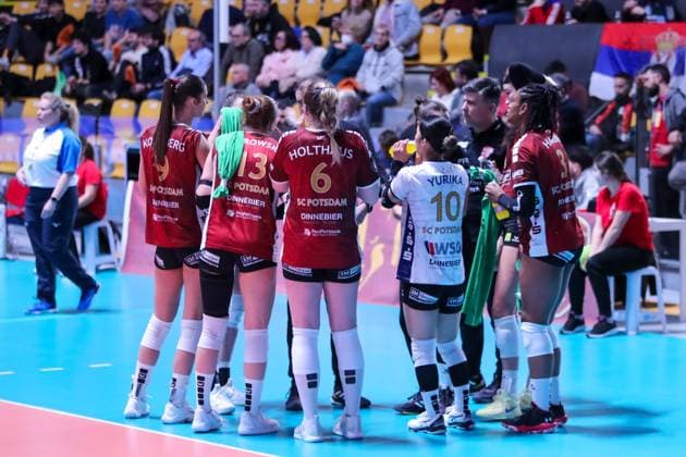time out SC Postdam during Roma Volley vs SC Potsdam, Women s Volleyball Challenge Cup match in Rome, Italy, February 19 2025  Copyright: xLuigixMariani IPAxSportx xipa-agency.netx xx IPA_54302704 IPA_Agency_IPA54302704