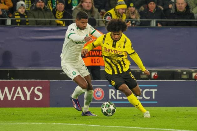 Dortmund, Deutschland 19. Februar 2025: Champions League - 2024 2025 - Borussia Dortmund vs. Sporting Lissabon Im Bild: v.li. im Zweikampf Ousmane Diomande (Sporting Lissabon) und Karim Adeyemi (BVB) Signal Iduna Park Nordrhein Westfalen Copyright: xFotostandx xFantinix