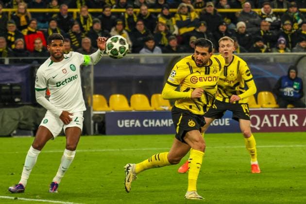 Dortmund, Deutschland 19. Februar 2025: Champions League - 2024 2025 - Borussia Dortmund vs. Sporting Lissabon Im Bild: v.li. der Zweite Emre Can (BVB) macht das Abseitstor zum 1:0 für Borussia Dortmund per Kopfball, was aber nach der Schiedsrichterentscheidung aberkannt wurde Signal Iduna Park Nordrhein Westfalen Copyright: xFotostandx xFantinix
