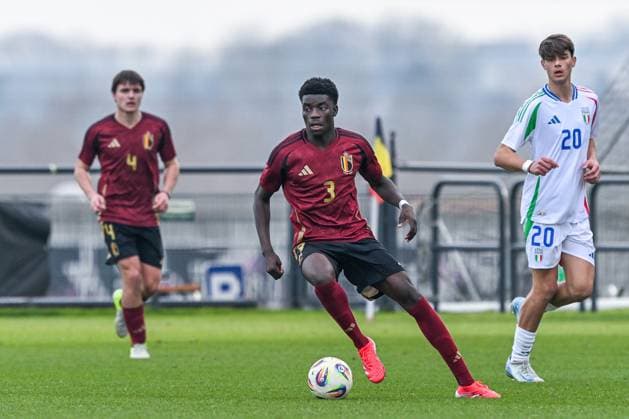 U16 BELGIUM VS ITALY Elie Mbavu (3) of Belgium pictured during a friendly U16 soccer game between Belgium and Italy , on Wednesday 19 February 2025 in Tubeke , Belgium . PHOTO SPORTPIX Stijn Audooren Tubeke RBFA Proximus Basecamp Belgium  Copyright: xSportpix.bex xStijnxAudoorenxStijnxAudoorenx