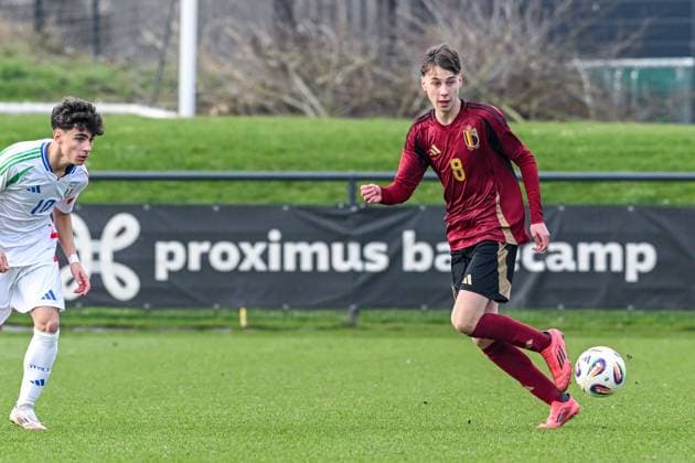U16 BELGIUM VS ITALY Xander Dierckx (8) of Belgium pictured during a friendly U16 soccer game between Belgium and Italy , on Wednesday 19 February 2025 in Tubeke , Belgium . PHOTO SPORTPIX Stijn Audooren Tubeke RBFA Proximus Basecamp Belgium  Copyright: xSportpix.bex xStijnxAudoorenxStijnxAudoorenx