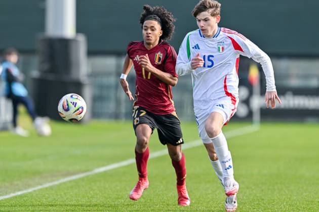 U16 BELGIUM VS ITALY Rocca Edoardo (15) of Italy pictured during a friendly U16 soccer game between Belgium and Italy , on Wednesday 19 February 2025 in Tubeke , Belgium . PHOTO SPORTPIX Stijn Audooren Tubeke RBFA Proximus Basecamp Belgium  Copyright: xSportpix.bex xStijnxAudoorenxStijnxAudoorenx