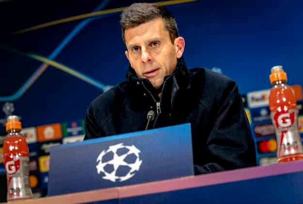 Juventus trainer Thiago Mottaduring te press conference, PK, Pressekonferenz after the match PSV - Juventus at the Philips stadium for the UEFA Champions League - Knockout phase play-offs - 2nd leg season 2024-2025 in EINDHOVEN, Netherlands on 19 february 2025, (photo by Marcel van Dorst EYE4images DeFodi Images)