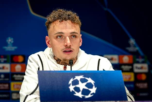PSV Eindhoven forwarder Noa Lang during te press conference, PK, Pressekonferenz after the match PSV - Juventus at the Philips stadium for the UEFA Champions League - Knockout phase play-offs - 2nd leg season 2024-2025 in EINDHOVEN, Netherlands on 19 february 2025, (photo by Marcel van Dorst EYE4images DeFodi Images)