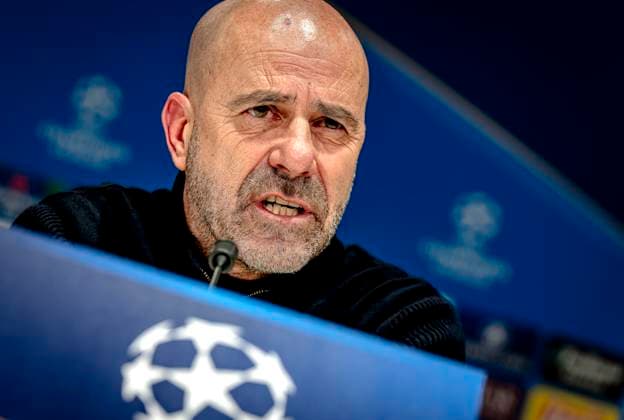 PSV Eindhoven trainer Peter Bosz during te press conference, PK, Pressekonferenz after the match PSV - Juventus at the Philips stadium for the UEFA Champions League - Knockout phase play-offs - 2nd leg season 2024-2025 in EINDHOVEN, Netherlands on 19 february 2025, (photo by Marcel van Dorst EYE4images DeFodi Images)