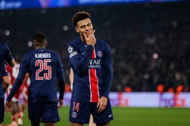 Desire Doue (Paris Saint-Germain 14) celebrates his goal during the UEFA Champions League game between Paris Saint-Germain and Stade Brestois 29 at Parc des Princes in Paris, France. (Pauline Figuet SPP) Copyright: xPaulinexFiguetx xSPPx spp-en-PaFiSp-PF_PSGSB2399