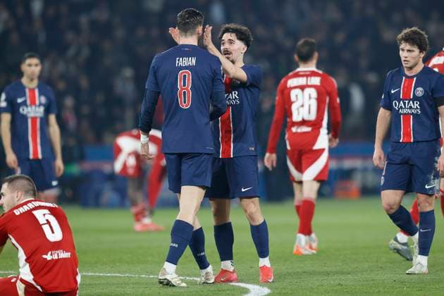 February 19, 2025, Paris, Paris, France: VITINHA of Paris Saint Germain in action during the match of UEFA Champions League between Paris Saint Germain and Stade Brestois at Parc des Princes Stadium - on February 19 2025 Paris - France Paris France - ZUMAb253 20250219_zsp_b253_032 Copyright: xLoicxBaratouxx
