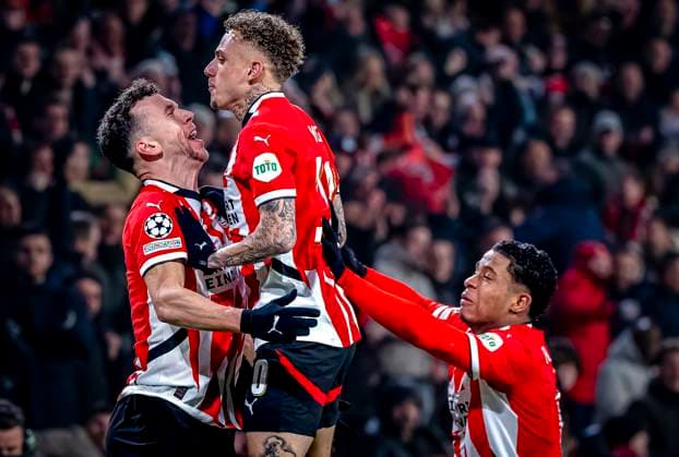 PSV Eindhoven forwarder Ivan Perisic celebrating the goal during the match PSV - Juventus at the Philips stadium for the UEFA Champions League - Knockout phase play-offs - 2nd leg season 2024-2025 in EINDHOVEN, Netherlands on 19 february 2025, (photo by Marcel van Dorst EYE4images DeFodi Images)
