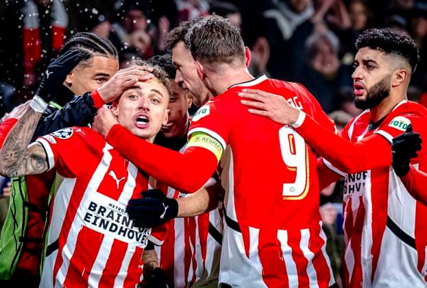 PSV Eindhoven forwarder Noa Lang celebrating the goal during the match PSV - Juventus at the Philips stadium for the UEFA Champions League - Knockout phase play-offs - 2nd leg season 2024-2025 in EINDHOVEN, Netherlands on 19 february 2025, (photo by Marcel van Dorst EYE4images DeFodi Images)