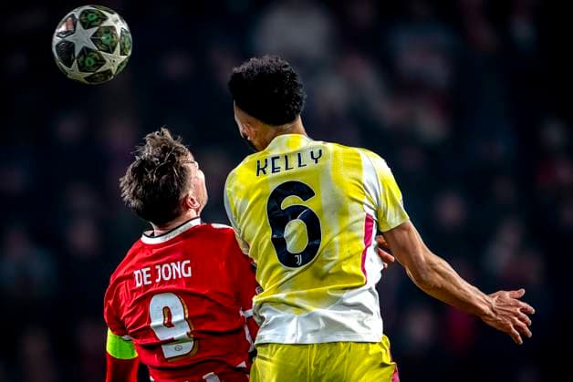 PSV Eindhoven forwarder Luuk de Jong, Juventus defender Lloyd Kelly during the match PSV - Juventus at the Philips stadium for the UEFA Champions League - Knockout phase play-offs - 2nd leg season 2024-2025 in EINDHOVEN, Netherlands on 19 february 2025, (photo by Marcel van Dorst EYE4images DeFodi Images)