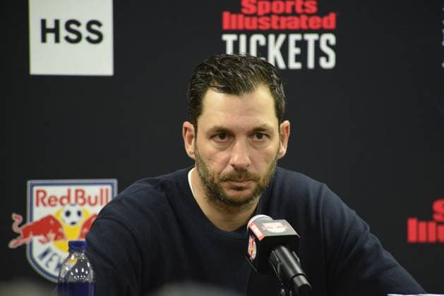 New York Red Bulls press conference, PK, Pressekonferenz German coach Sandro Schwarz attends a press conference at Illustrated Stadium in Harrison, New Jersey, on February 19, 2025. Schwarz reports that forward Eric Maxim Choupo-Moting, who plays for Bayer Munich, enters his first season with the Red Bulls after signing a two-year contract with MLS, Fussball Herren, USA through 2026, with an option for 2027 as a Designated Player in December 2024. NEW JERSEY United States  Copyright: xDeccioxSerranox originalFilename:serrano-notitle250219_nplJK.jpg