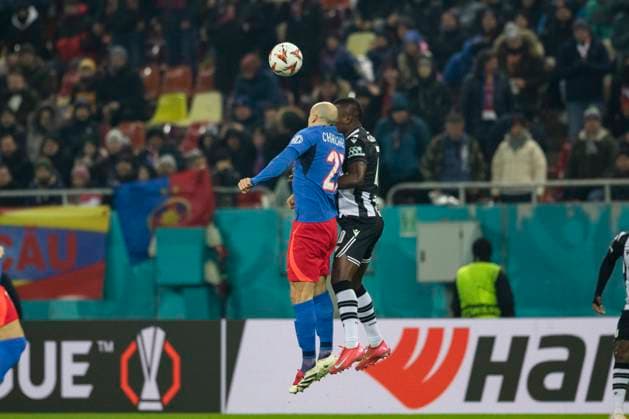 Thu 20 February, UEFA Europa League, League Knockout phase play-offs 2nd leg, National Arena, Bucharest, FCSB vs PAOK 21 Vlad Chiriches climbs high and wins a header