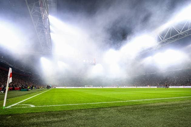 2025-02-20 AFC Ajax v R. Union Saint-Gilloise - UEFA Europa League 2024 25 League Knockout Play-off Second Leg AMSTERDAM, NETHERLANDS - FEBRUARY 20: smoke in the stadium after the fireworks during the UEFA Europa League 2024 25 League Knockout Play-off Second Leg match between AFC Ajax and R. Union Saint-Gilloise at Johan Cruijff Arena on February 20, 2025 in Amsterdam, Netherlands. Amsterdam Johan Cruijff Arena Netherlands Content not available for redistribution in The Netherlands directly or indirectly through any third parties. Copyright: xBenxGalx