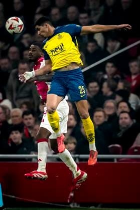 AFC Ajax Amsterdam defender Jorrel Hato, Union Saint-Gilloise forwarder Anan Khalaili during the match Ajax - Union SG at the Johan Cruijff ArenA for the UEFA Europa League - Knockout phase play-offs - 2nd leg season 2024-2025 in AMSTERDAM, Netherlands on 20 february 2025, (photo by Marcel van Dorst EYE4images DeFodi Images)