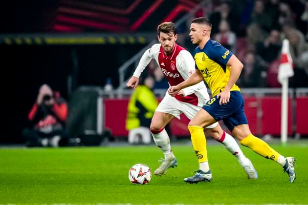 AFC Ajax Amsterdam defender Daniele Rugani, Union Saint-Gilloise forwarder Franjo Ivanovic during the match Ajax - Union SG at the Johan Cruijff ArenA for the UEFA Europa League - Knockout phase play-offs - 2nd leg season 2024-2025 in AMSTERDAM, Netherlands on 20 february 2025, (photo by Marcel van Dorst EYE4images DeFodi Images)