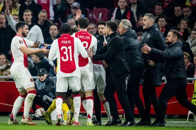 Union s players and Ajax players fight during a soccer match between Dutch AFC Ajax and Belgian Royale Union Saint-Gilloise, Thursday 20 February 2025 in Amsterdam, the Netherlands, the return leg of the Knockout phase play-offs of the UEFA Europa League competition. JASPERxJACOBS  x112916012x