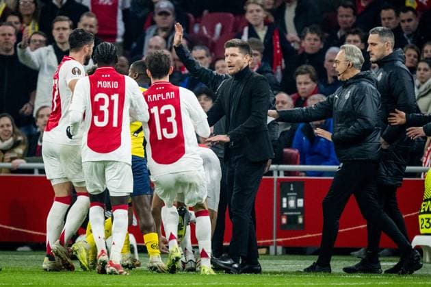 Union s players and Ajax players fight during a soccer match between Dutch AFC Ajax and Belgian Royale Union Saint-Gilloise, Thursday 20 February 2025 in Amsterdam, the Netherlands, the return leg of the Knockout phase play-offs of the UEFA Europa League competition. JASPERxJACOBS  x112916039x