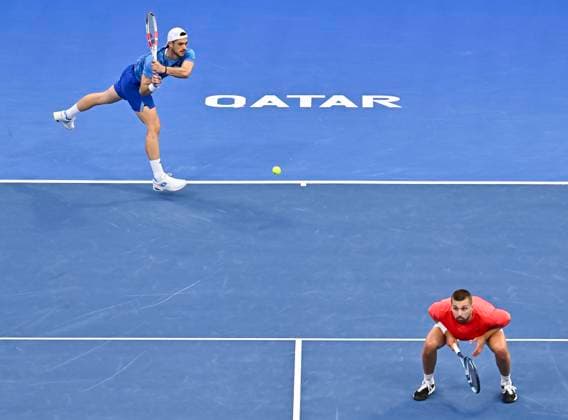 ATP, Tennis Herren QATAR EXXONMOBIL OPEN Ulian Cash and Lloyd Glasspool of Great Britain compete during men s doubles Semifinals match against Yuki Bhambri of India and Ivan Dodig of Croatia at the ATP Qatar ExxonMobil Open 2025 tennis tournament at the Khalifa International Tennis Complex in Doha, Qatar on February 21, 2025. DOHA Qatar Copyright: xNOUSHADx