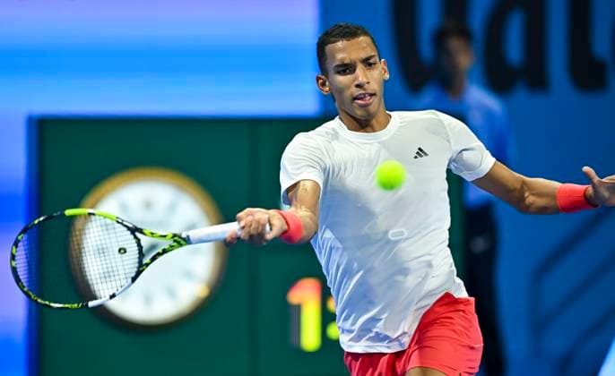 ATP, Tennis Herren QATAR EXXONMOBIL OPEN SEMIFINAL Felix Auger-Aliassime of Canada competes in his Semifinal match against Andrey Rubble of Russia during the ATP Qatar ExxonMobil Open 2025 tennis tournament at the Khalifa International Tennis Complex in Doha, Qatar, on February 21, 2025 DOHA Qatar Copyright: xNoushadxThekkayilx